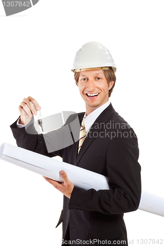 Image of smiling engineer giving keys from apartment