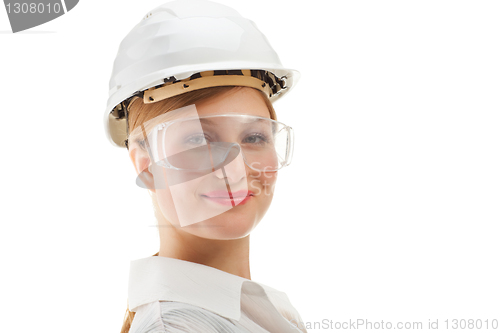 Image of beautiful businesswoman in helmet