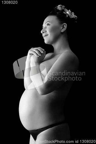 Image of Beautiful pregnant woman in back & wite