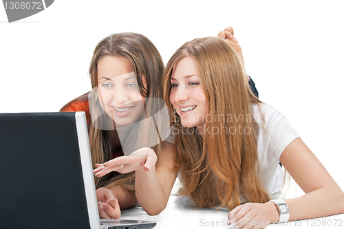 Image of two student girl with laptop