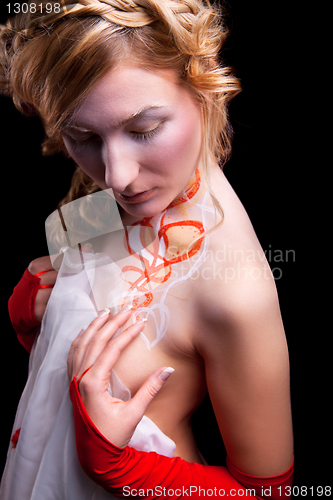 Image of Portrait of a young lady on red background