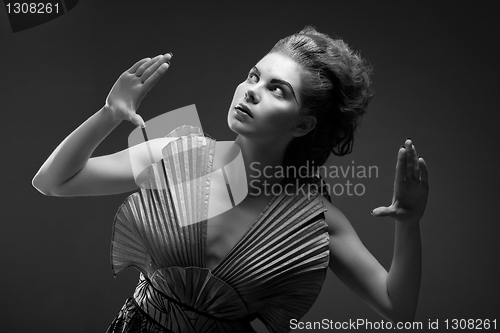 Image of Woman in old fashioned dress, in Black & White