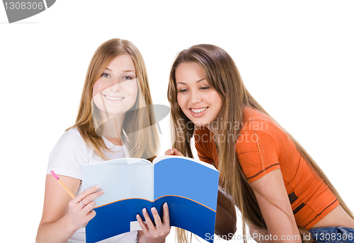 Image of two young happy student girl, isolated on white