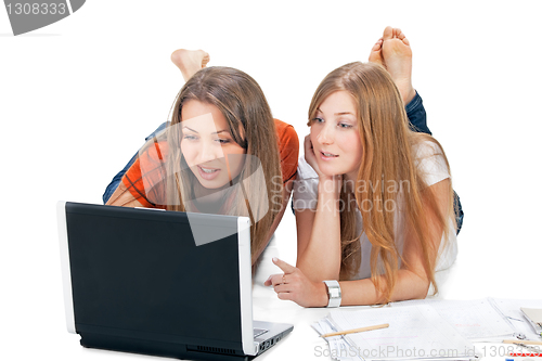 Image of two student girl with laptop