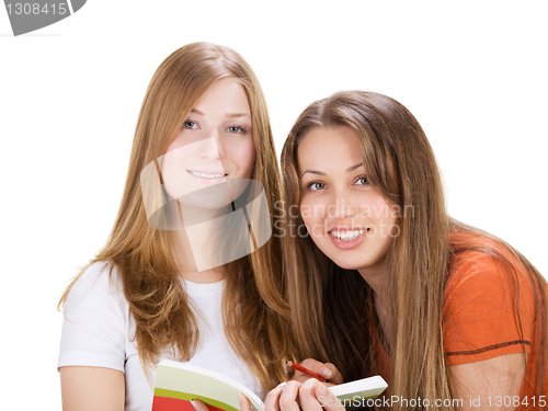 Image of two young happy student girl, isolated on white