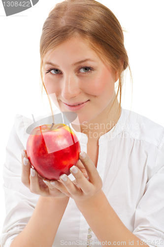 Image of Beautiful woman holding apple