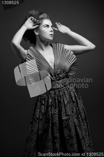 Image of Woman in old fashioned dress, in Black & White