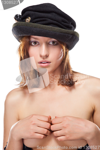 Image of pretty young woman with black bonnet