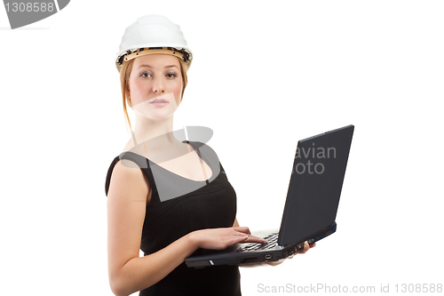 Image of Engineer with laptop isolated on white