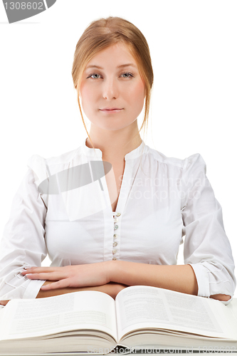 Image of Beautiful blonde student woman with book