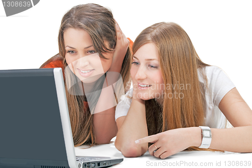 Image of two student girl with laptop