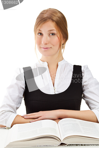 Image of Beautiful blonde student woman with book