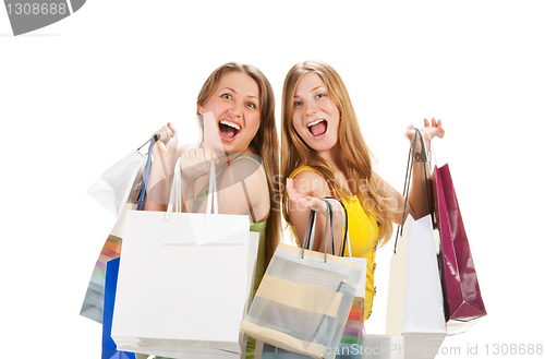 Image of Shopping. Two beautiful girl with bag