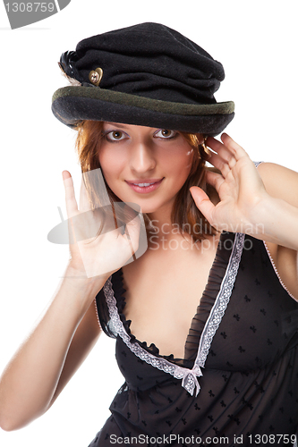 Image of pretty young woman with black bonnet