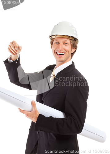 Image of smiling engineer giving keys from apartment