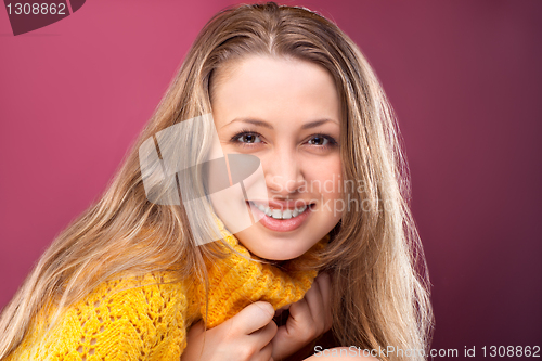 Image of Perfect blonde on red background