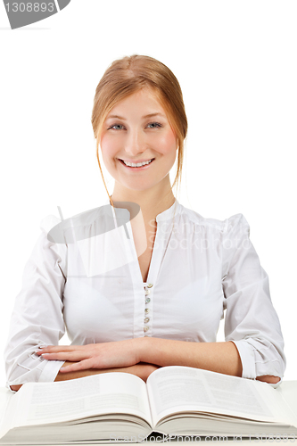 Image of Beautiful blonde student woman with book