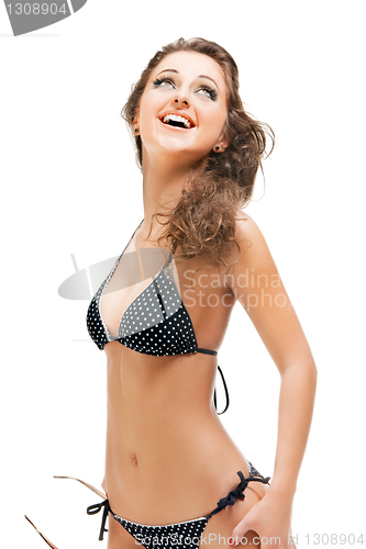 Image of beautiful brunette girl wearing bikini