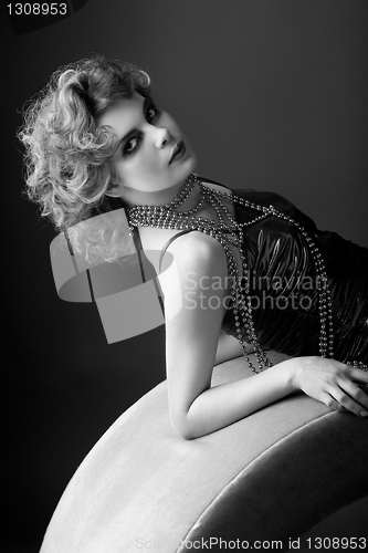 Image of Woman in old fashioned dress, in Black & White