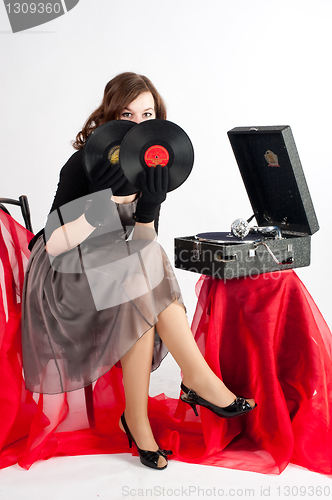 Image of Beautiful woman with gramophone,