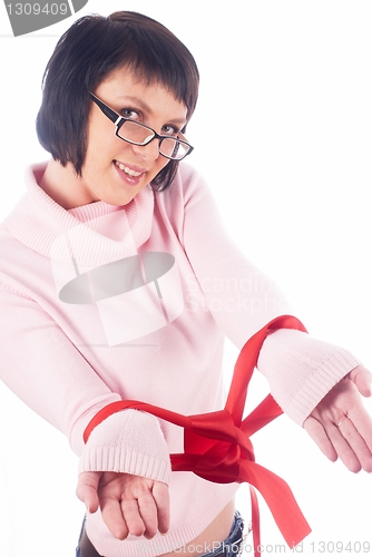 Image of Woman with red tape