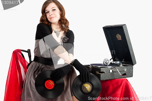 Image of Beautiful woman with gramophone,