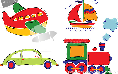 Image of Ñhild has drawn car, plane, ship and train, vector