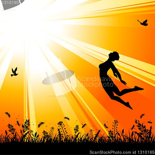 Image of Nature background with silhouette jumping girl