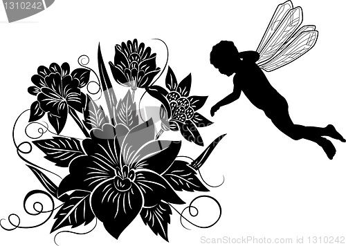 Image of Element for design, flower with silhouette elf, illustration