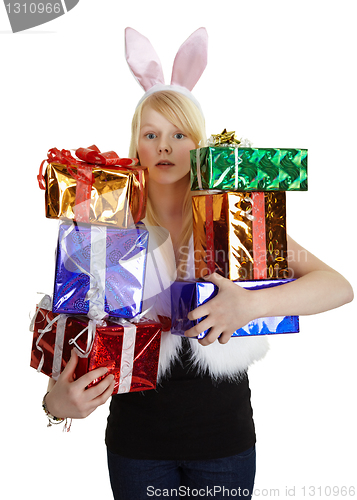 Image of Girl in fancy dress with gifts