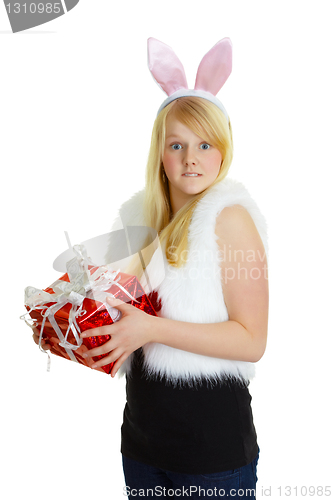 Image of Young woman dressed a rabbit received gift