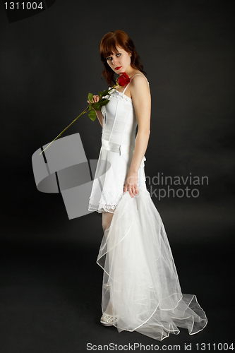 Image of Bride with rose and veil on black background