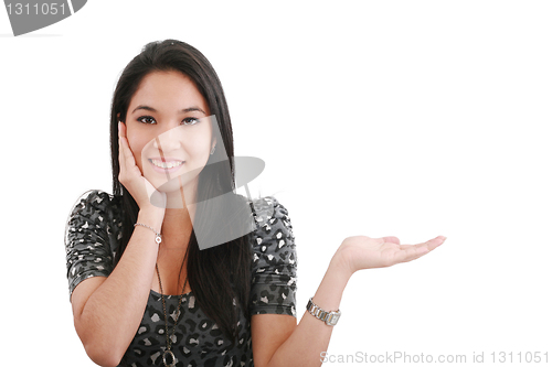 Image of woman with her hand open to show a product, isolated on white 