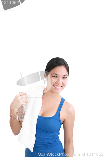 Image of portrait of woman in fitness attire holding water bottle and smi