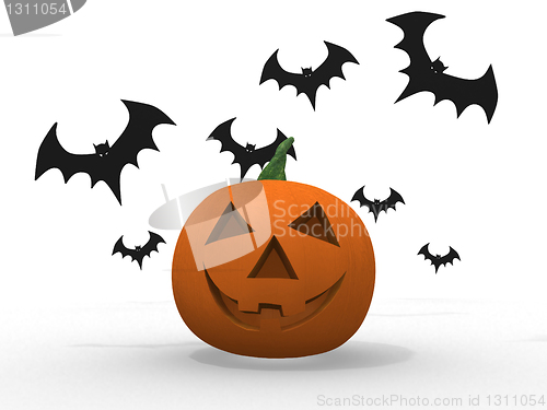 Image of halloween pumpkin and bats isolated on white 