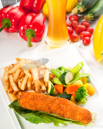 Image of fresh chicken breast roll and vegetables