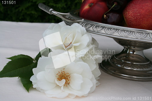 Image of Roses beside a plate with fruits