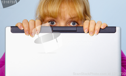 Image of Woman was guilty and hides behind a computer