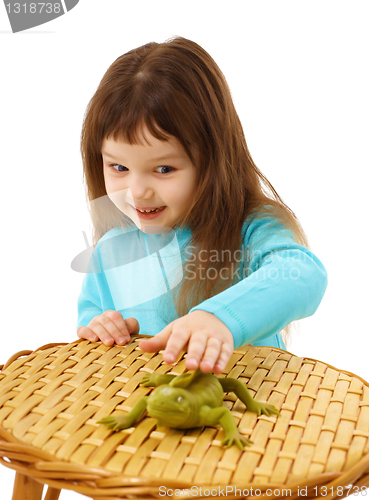 Image of Girl cautiously stroking a toy lizard