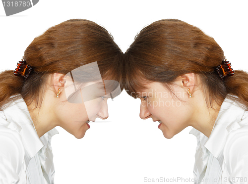 Image of Woman facing her forehead with herself