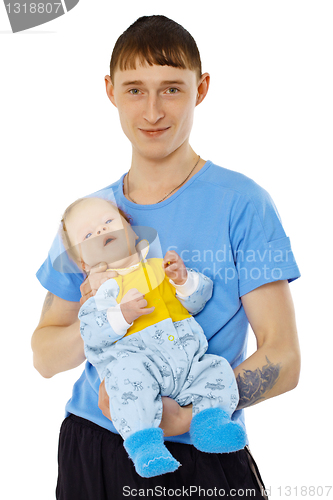 Image of Young man is holding his son - infant