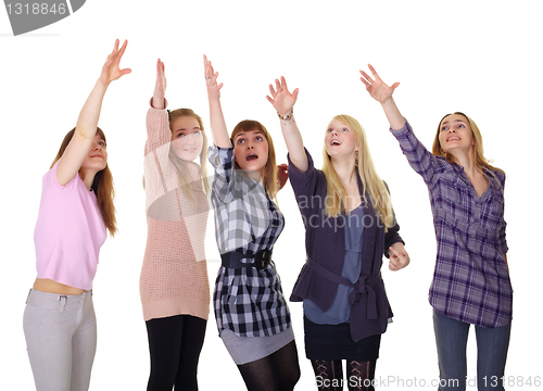 Image of Girls pulling together hands up isolated on white background
