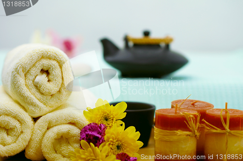 Image of Spa composition - teapot, towels and candles