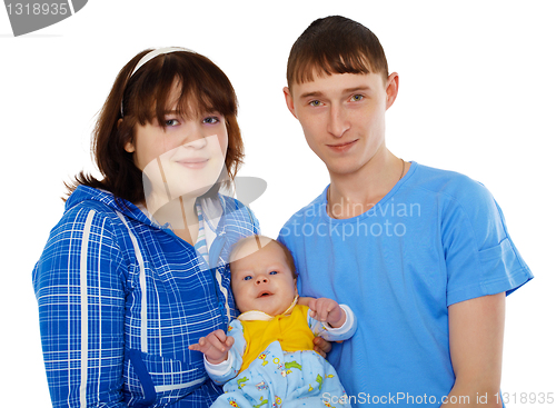 Image of Young family - mom, dad and baby on white