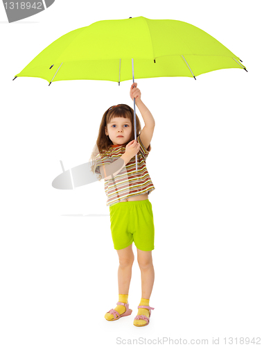 Image of Child holds big green umbrella