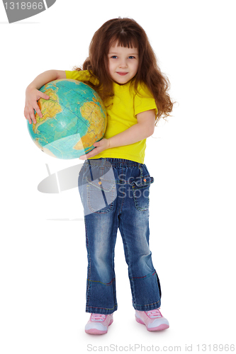 Image of Little girl holding globe isolated on white