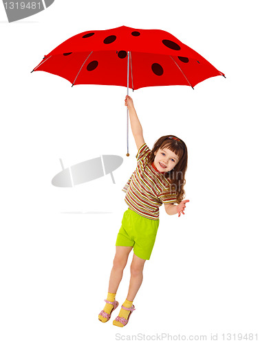 Image of Little girl flying on red umbrella - ladybird