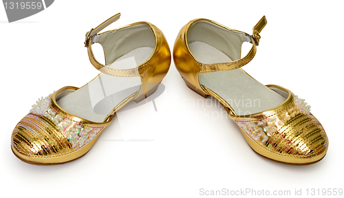 Image of Elegant golden shoes for girl on white
