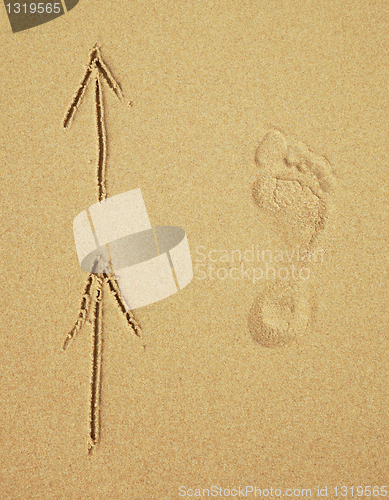 Image of Trace of a human foot on sand. Tourist traffic.