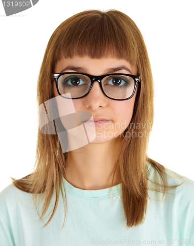 Image of Funny girl in very strong glasses